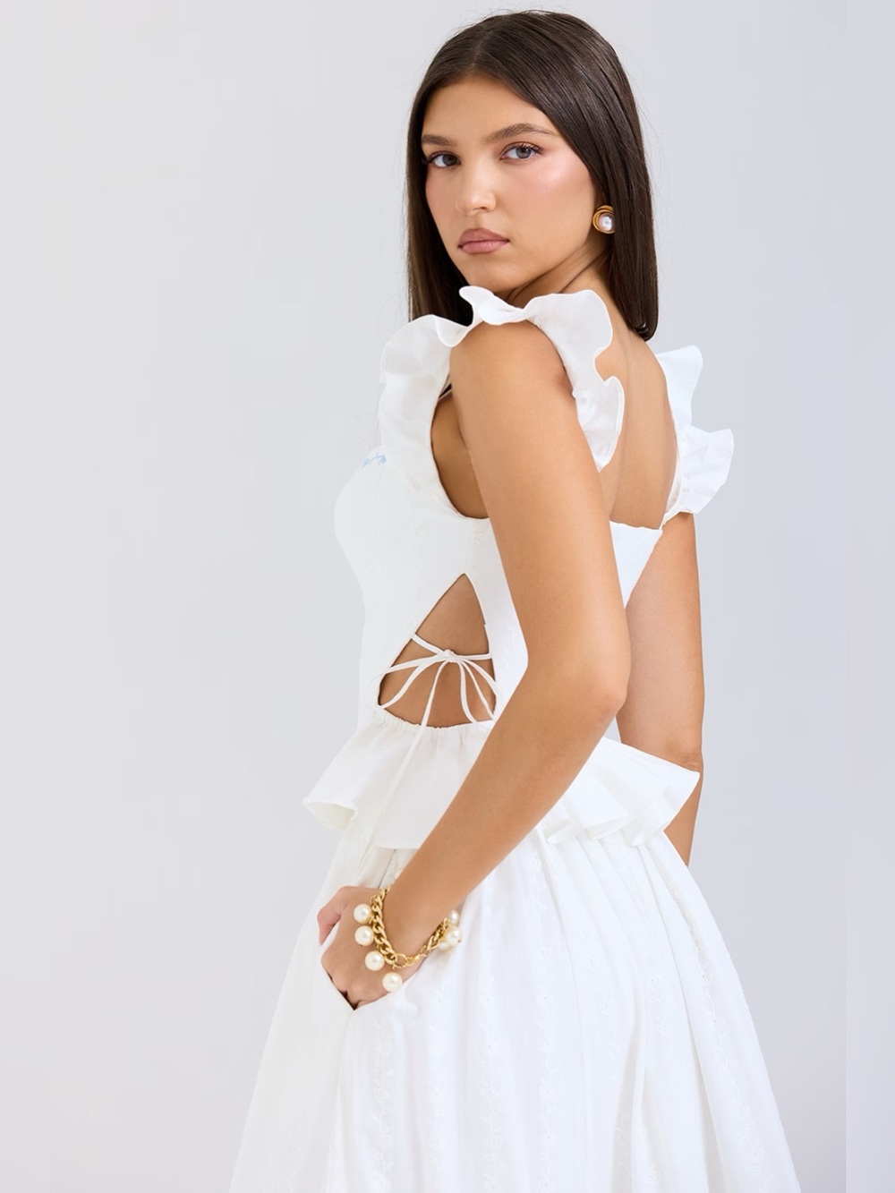 House of CB Lilibet White Embroidered Cotton Peplum Corset Top - Picture 3 of 8
